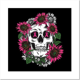 breast cancer pink sunflower skull Posters and Art